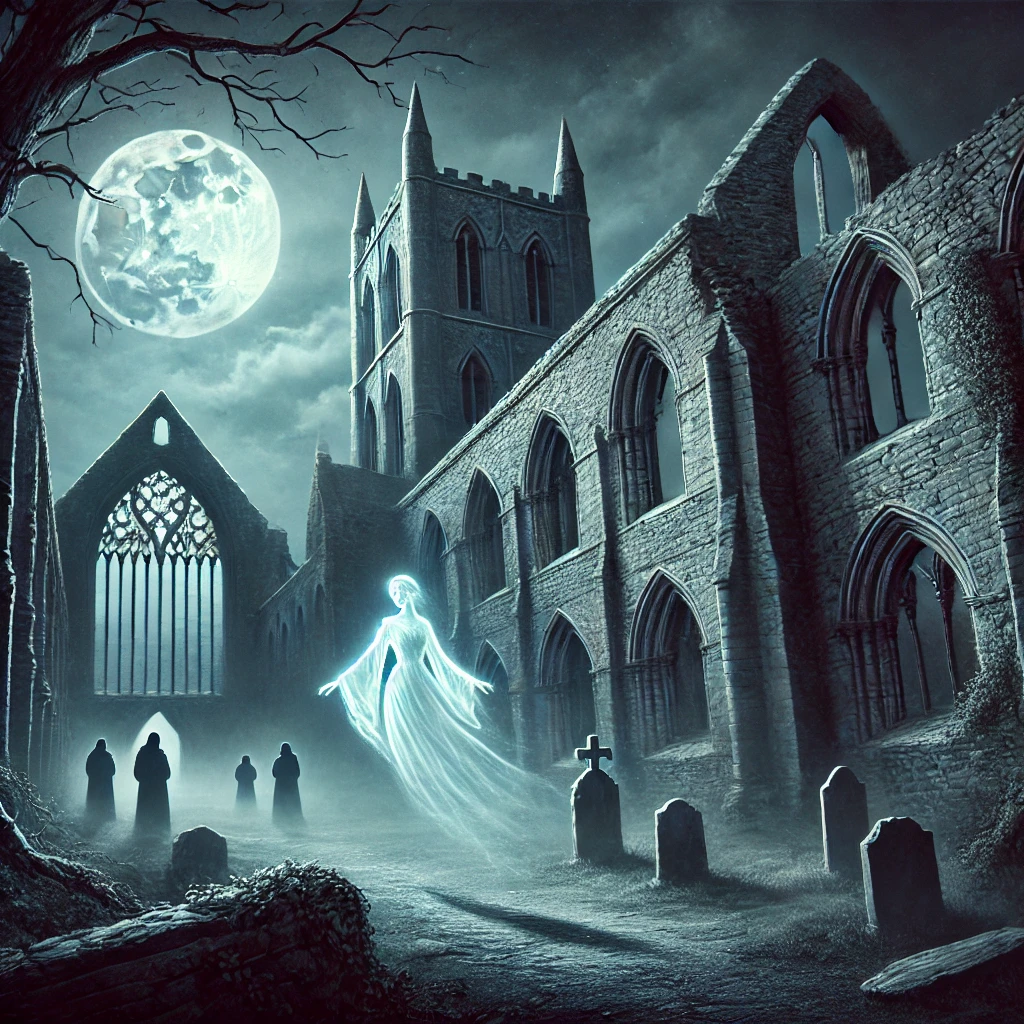 DALL·E 2025-03-07 15.27.09 - A mysterious illustration of the ruins of Mortemer Abbey at night, shrouded in mist and dimly lit by the moon. A ghostly white figure, representing th