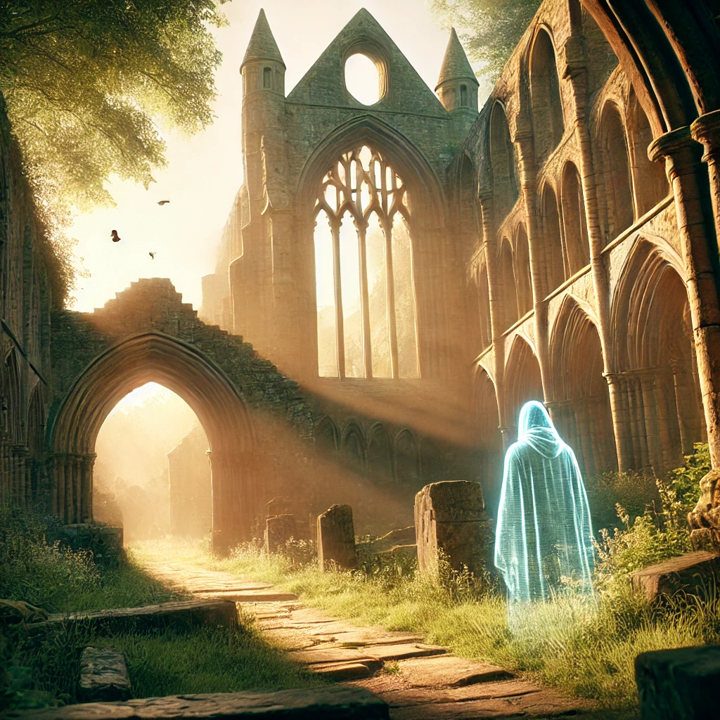DALL·E 2025-03-07 15.28.07 - A daylight illustration of Mortemer Abbey ruins, surrounded by lush greenery and bathed in soft golden sunlight. The atmosphere is peaceful but subtly
