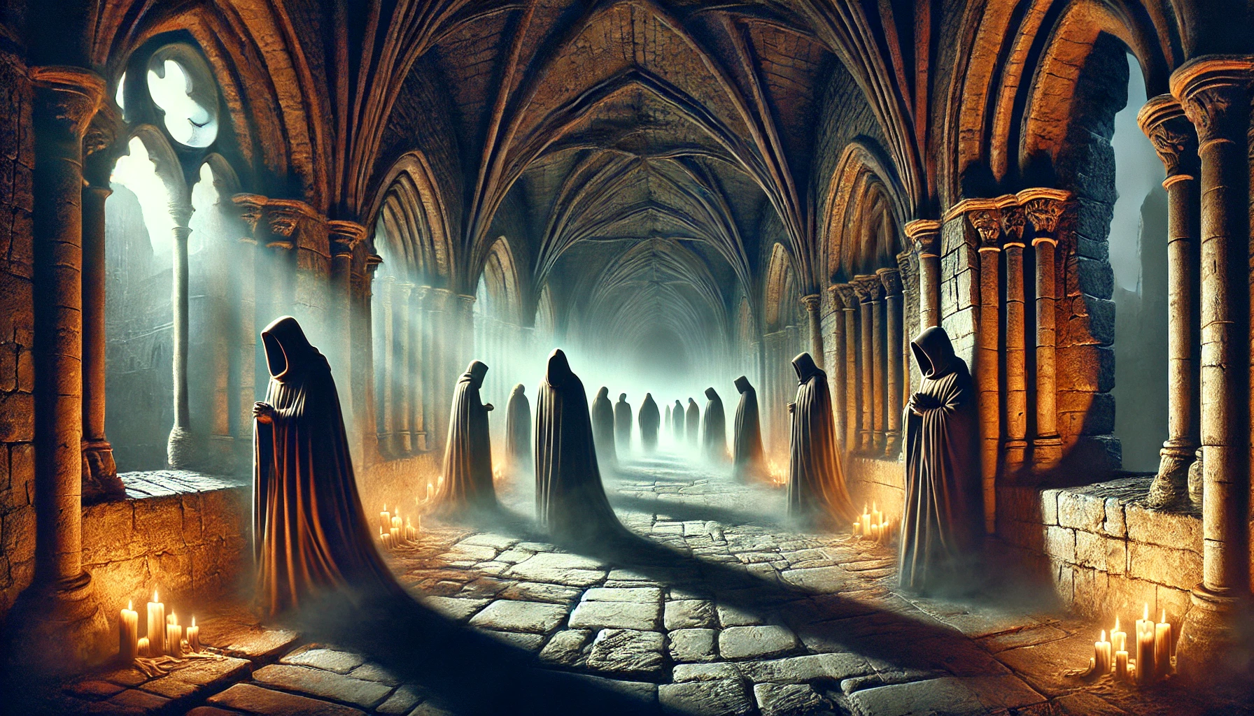 DALL·E 2025-03-07 15.29.12 - A panoramic illustration depicting the mysterious 'Monks of the Shadows' at Mortemer Abbey. The scene is set in a dimly lit, ancient stone corridor wi