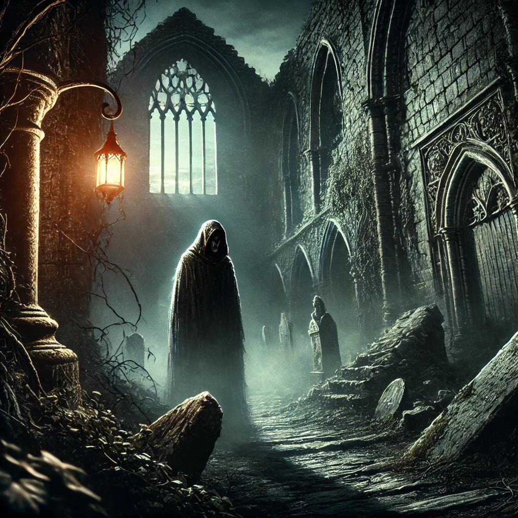 DALL·E 2025-03-07 15.29.55 - A dark and atmospheric illustration of the haunted ruins of Mortemer Abbey. The scene is set at dusk, with the last rays of sunlight casting eerie sha