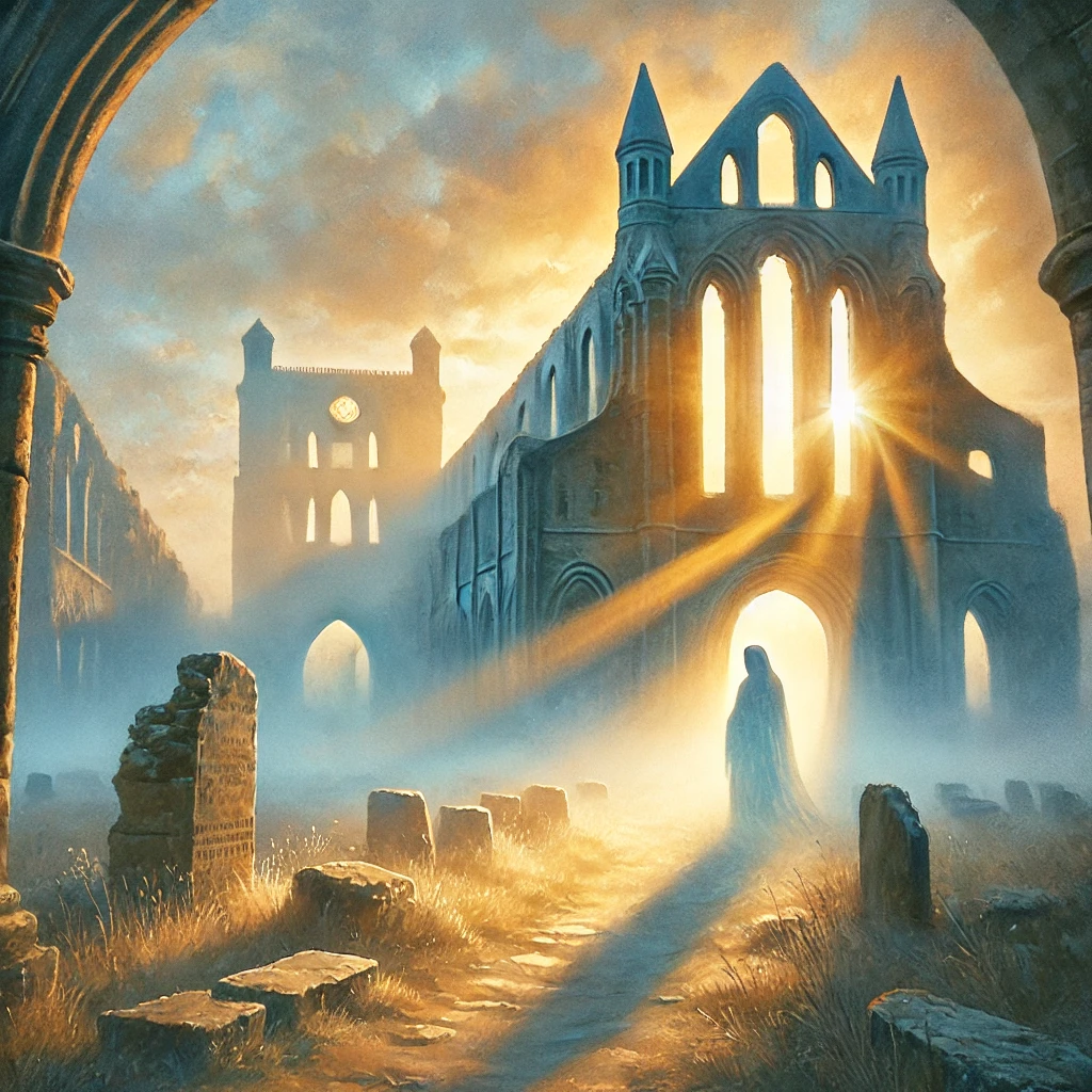 DALL·E 2025-03-07 15.30.13 - A mystical and ethereal illustration of Mortemer Abbey at sunrise, with golden light piercing through the ancient ruins. A faint spectral figure of a